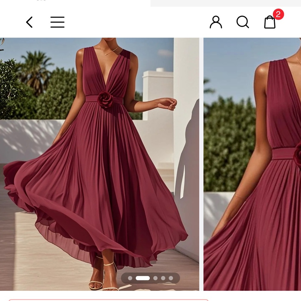 Red wine 3D Floral Pleated Chiffon Maxi Dress